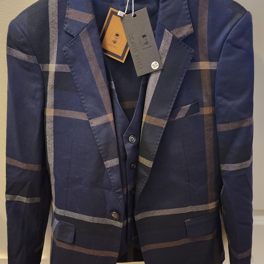 Men's Plaid Suit Slim Fit 3 Piece Suits One Button Blazer Business Wedding